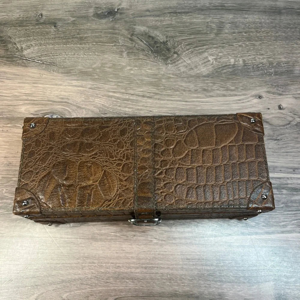 Watch Box Brown Faux Croc Embossed 4-Slot Travel Accessory Case Organizer